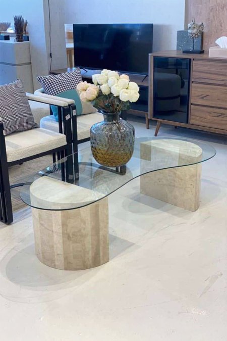 ⚪ طاولة زجاجية بقاعدتين نصفي دائريتين من الرخام الطبيعي